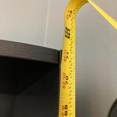 LOT 63: Black Corner Shelf Unit with Home Decor - Mirror, Candle Holder, Pink Glass Bowl, Sir Arthur Conan Doyle Book and More