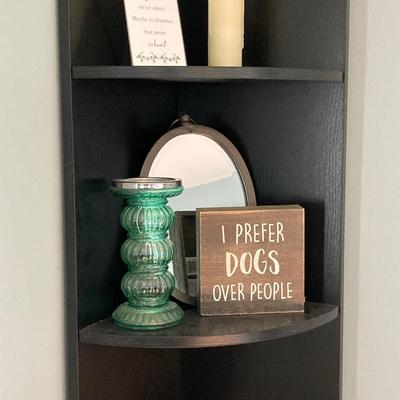 LOT 63: Black Corner Shelf Unit with Home Decor - Mirror, Candle Holder, Pink Glass Bowl, Sir Arthur Conan Doyle Book and More