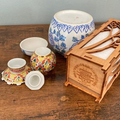 LOT 64: Asian Decor - Vintage Framed Artwork "Chinese Cemetery" and "Dice Players near Amoy", Handcrafted Tea Light...