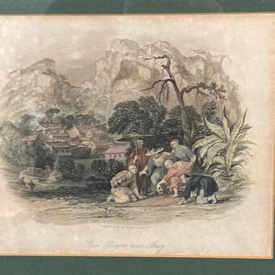 LOT 64: Asian Decor - Vintage Framed Artwork "Chinese Cemetery" and "Dice Players near Amoy", Handcrafted Tea Light...