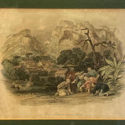 LOT 64: Asian Decor - Vintage Framed Artwork "Chinese Cemetery" and "Dice Players near Amoy", Handcrafted Tea Light...