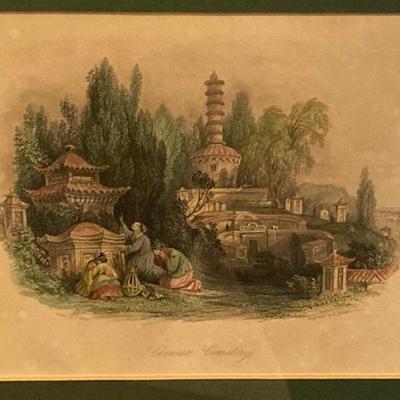 LOT 64: Asian Decor - Vintage Framed Artwork "Chinese Cemetery" and "Dice Players near Amoy", Handcrafted Tea Light...