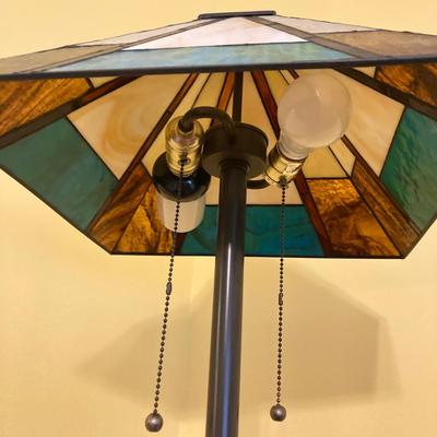 LOT 65: Tiffany Style Mission Floor Double Light Lamp with Geometric Pattern Lamp Shade