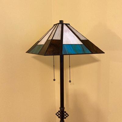 LOT 65: Tiffany Style Mission Floor Double Light Lamp with Geometric Pattern Lamp Shade