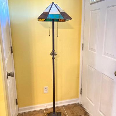 LOT 65: Tiffany Style Mission Floor Double Light Lamp with Geometric Pattern Lamp Shade