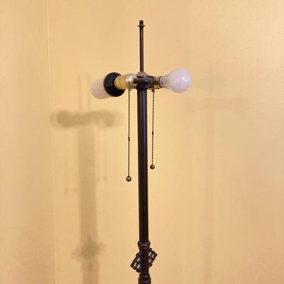 LOT 65: Tiffany Style Mission Floor Double Light Lamp with Geometric Pattern Lamp Shade