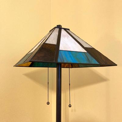 LOT 65: Tiffany Style Mission Floor Double Light Lamp with Geometric Pattern Lamp Shade