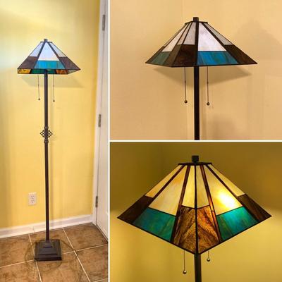 LOT 65: Tiffany Style Mission Floor Double Light Lamp with Geometric Pattern Lamp Shade