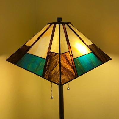 LOT 65: Tiffany Style Mission Floor Double Light Lamp with Geometric Pattern Lamp Shade