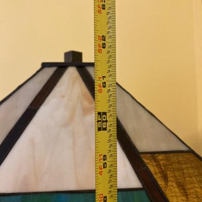 LOT 65: Tiffany Style Mission Floor Double Light Lamp with Geometric Pattern Lamp Shade