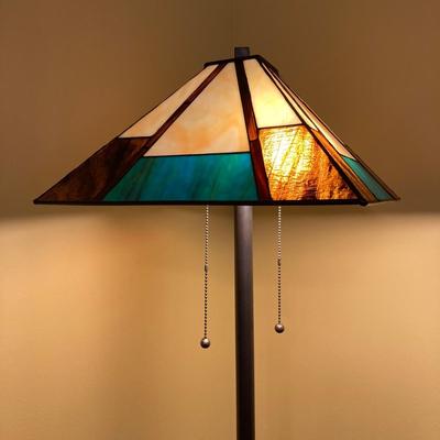 LOT 65: Tiffany Style Mission Floor Double Light Lamp with Geometric Pattern Lamp Shade