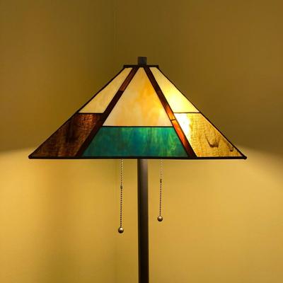 LOT 65: Tiffany Style Mission Floor Double Light Lamp with Geometric Pattern Lamp Shade
