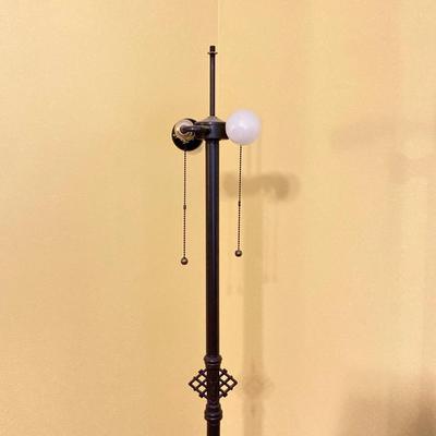 LOT 65: Tiffany Style Mission Floor Double Light Lamp with Geometric Pattern Lamp Shade