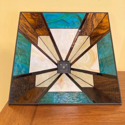 LOT 65: Tiffany Style Mission Floor Double Light Lamp with Geometric Pattern Lamp Shade