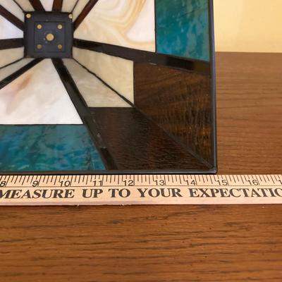 LOT 65: Tiffany Style Mission Floor Double Light Lamp with Geometric Pattern Lamp Shade