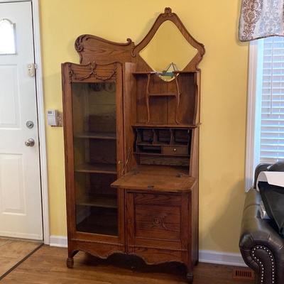 LOT 68: Vintage / Antique Oak Side by Side Cabinet with Mirror and Glass Door