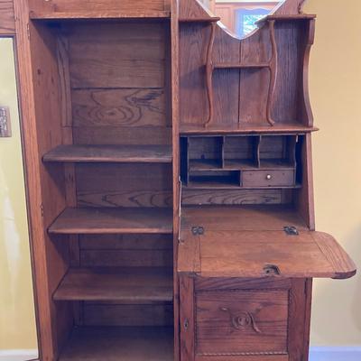 LOT 68: Vintage / Antique Oak Side by Side Cabinet with Mirror and Glass Door