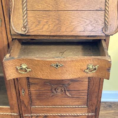 LOT 68: Vintage / Antique Oak Side by Side Cabinet with Mirror and Glass Door