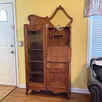 LOT 68: Vintage / Antique Oak Side by Side Cabinet with Mirror and Glass Door