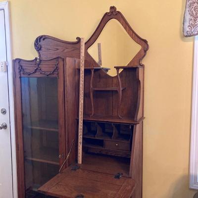 LOT 68: Vintage / Antique Oak Side by Side Cabinet with Mirror and Glass Door
