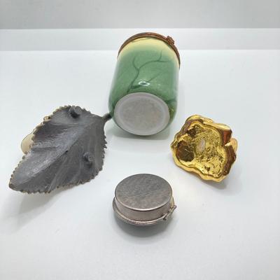 LOT 79: Collection of Frogs - Trinket Boxes, Perfume Bottle, Pill Holder, and Candle Holder