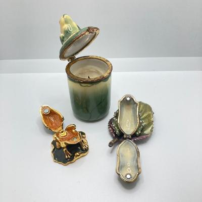 LOT 79: Collection of Frogs - Trinket Boxes, Perfume Bottle, Pill Holder, and Candle Holder