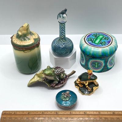 LOT 79: Collection of Frogs - Trinket Boxes, Perfume Bottle, Pill Holder, and Candle Holder