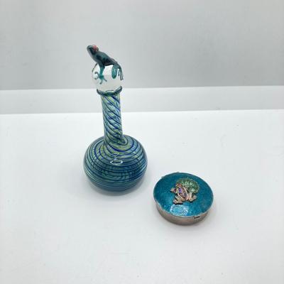 LOT 79: Collection of Frogs - Trinket Boxes, Perfume Bottle, Pill Holder, and Candle Holder