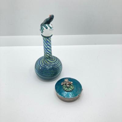 LOT 79: Collection of Frogs - Trinket Boxes, Perfume Bottle, Pill Holder, and Candle Holder