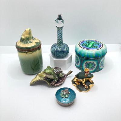 LOT 79: Collection of Frogs - Trinket Boxes, Perfume Bottle, Pill Holder, and Candle Holder