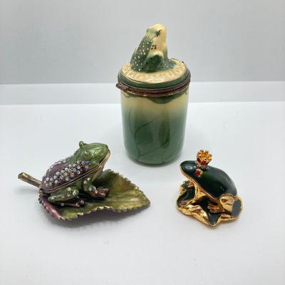 LOT 79: Collection of Frogs - Trinket Boxes, Perfume Bottle, Pill Holder, and Candle Holder