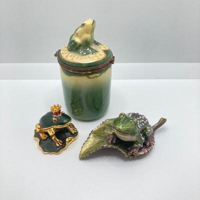 LOT 79: Collection of Frogs - Trinket Boxes, Perfume Bottle, Pill Holder, and Candle Holder
