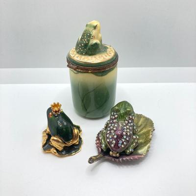 LOT 79: Collection of Frogs - Trinket Boxes, Perfume Bottle, Pill Holder, and Candle Holder