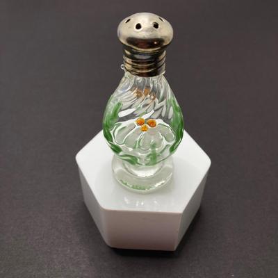 LOT 80: Gorgeous Paper Weight Signed by Artist Wm J Valle, Hand Painted Glass Salt Shaker Bottle, Gold Village Rotary Tealight Holder and...