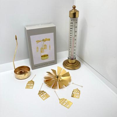 LOT 80: Gorgeous Paper Weight Signed by Artist Wm J Valle, Hand Painted Glass Salt Shaker Bottle, Gold Village Rotary Tealight Holder and...