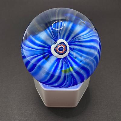 LOT 80: Gorgeous Paper Weight Signed by Artist Wm J Valle, Hand Painted Glass Salt Shaker Bottle, Gold Village Rotary Tealight Holder and...