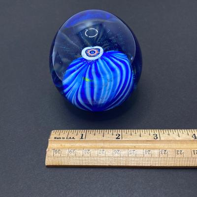 LOT 80: Gorgeous Paper Weight Signed by Artist Wm J Valle, Hand Painted Glass Salt Shaker Bottle, Gold Village Rotary Tealight Holder and...