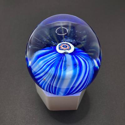 LOT 80: Gorgeous Paper Weight Signed by Artist Wm J Valle, Hand Painted Glass Salt Shaker Bottle, Gold Village Rotary Tealight Holder and...