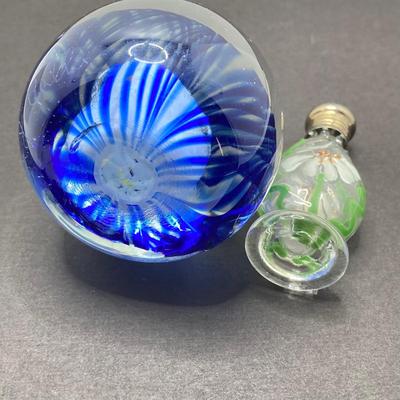 LOT 80: Gorgeous Paper Weight Signed by Artist Wm J Valle, Hand Painted Glass Salt Shaker Bottle, Gold Village Rotary Tealight Holder and...