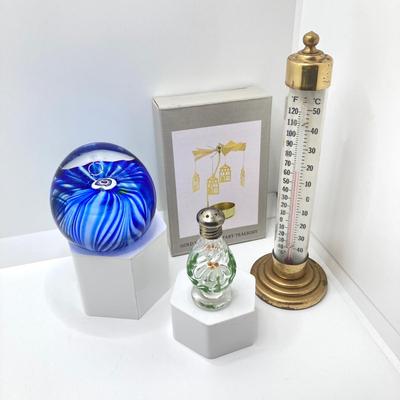 LOT 80: Gorgeous Paper Weight Signed by Artist Wm J Valle, Hand Painted Glass Salt Shaker Bottle, Gold Village Rotary Tealight Holder and...