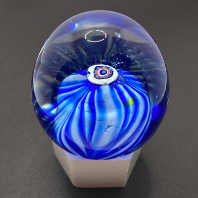 LOT 80: Gorgeous Paper Weight Signed by Artist Wm J Valle, Hand Painted Glass Salt Shaker Bottle, Gold Village Rotary Tealight Holder and...