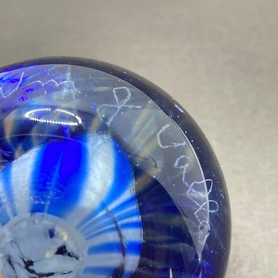 LOT 80: Gorgeous Paper Weight Signed by Artist Wm J Valle, Hand Painted Glass Salt Shaker Bottle, Gold Village Rotary Tealight Holder and...