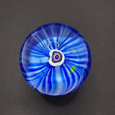 LOT 80: Gorgeous Paper Weight Signed by Artist Wm J Valle, Hand Painted Glass Salt Shaker Bottle, Gold Village Rotary Tealight Holder and...