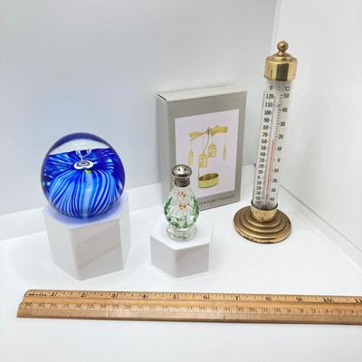 LOT 80: Gorgeous Paper Weight Signed by Artist Wm J Valle, Hand Painted Glass Salt Shaker Bottle, Gold Village Rotary Tealight Holder and...