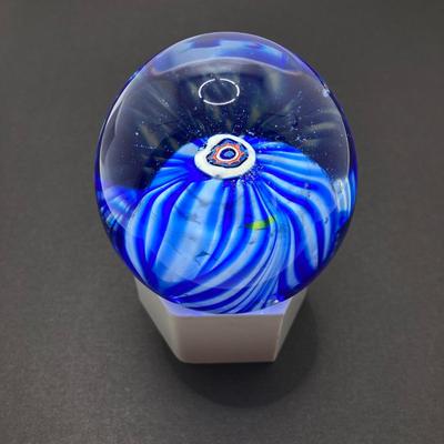 LOT 80: Gorgeous Paper Weight Signed by Artist Wm J Valle, Hand Painted Glass Salt Shaker Bottle, Gold Village Rotary Tealight Holder and...