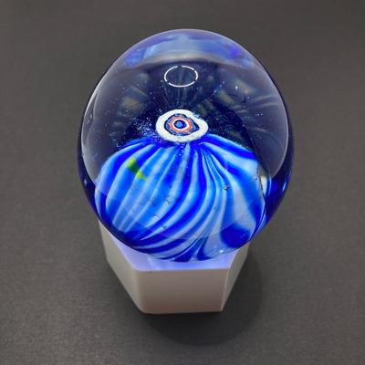 LOT 80: Gorgeous Paper Weight Signed by Artist Wm J Valle, Hand Painted Glass Salt Shaker Bottle, Gold Village Rotary Tealight Holder and...