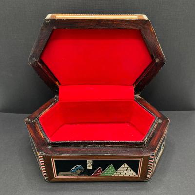 LOT 81: Unique Find - Egyptian Theme Colorful Inlay Box, Frosted Pink Heart Shaped Glass Ring Holder with Collection of Jewelry