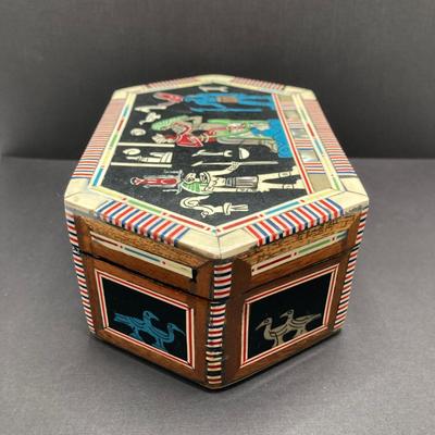 LOT 81: Unique Find - Egyptian Theme Colorful Inlay Box, Frosted Pink Heart Shaped Glass Ring Holder with Collection of Jewelry