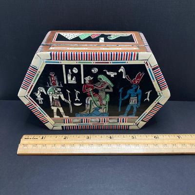 LOT 81: Unique Find - Egyptian Theme Colorful Inlay Box, Frosted Pink Heart Shaped Glass Ring Holder with Collection of Jewelry
