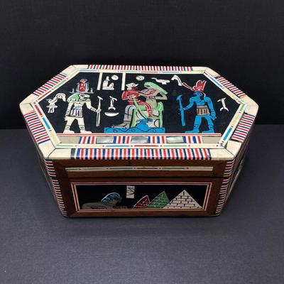 LOT 81: Unique Find - Egyptian Theme Colorful Inlay Box, Frosted Pink Heart Shaped Glass Ring Holder with Collection of Jewelry
